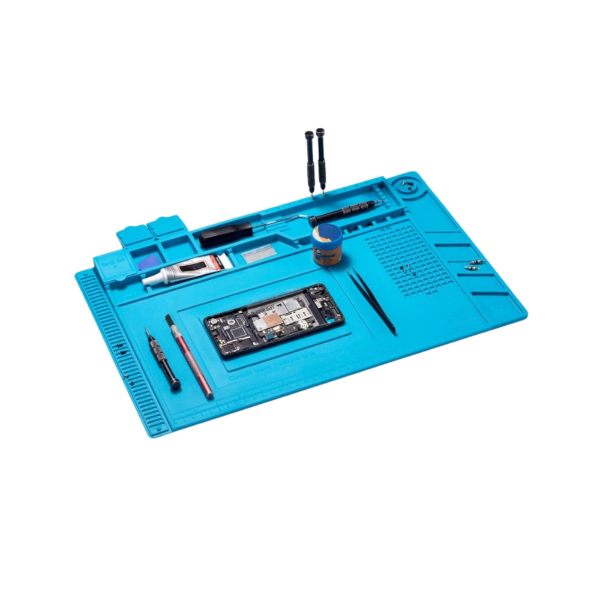 Heat-resistant silicone repair and soldering mat with compartments, 450 x 300 mm, 500 C, magnetic zones, blue