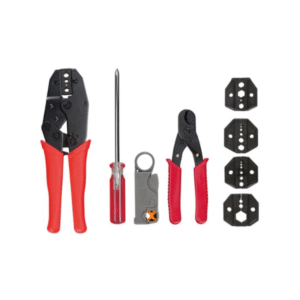 Complete kit with coaxial crimping tool and accessories, for perfect coaxial connections